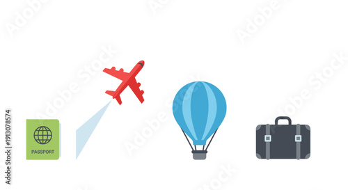 Travel icons including a hot air balloon airplane passport and suitcase