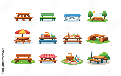 Picnic bench. Colorful flat vector icons set of picnic bench: wooden picnic table, park bench, folded bench, picnic spot, bench