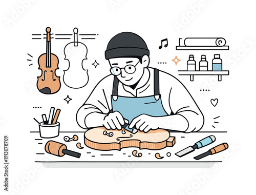 Violin maker in a traditional workshop. A calm editorial scene of a luthier carefully shaping a wooden violin body on a workbench, focused