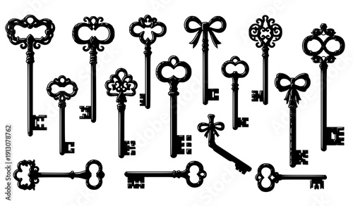 Stylized antique filigree key vector illustration set
