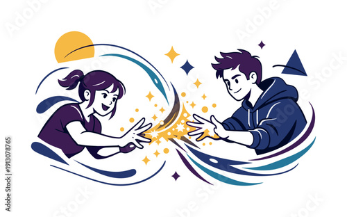 Magical Spellcasting Moment. Spellcasting moment. Hands releasing glowing magic particles, flowing lines