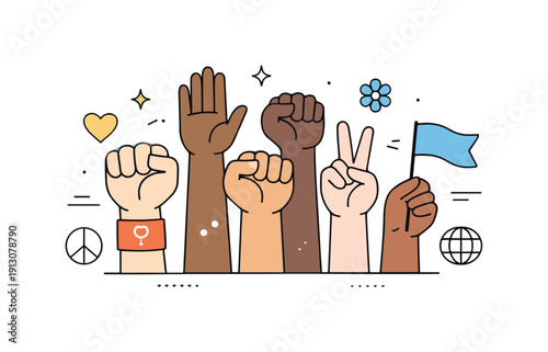 Social justice movements. A symbolic scene with raised hands of different skin tones forming a balanced composition. The mood feels hopeful,