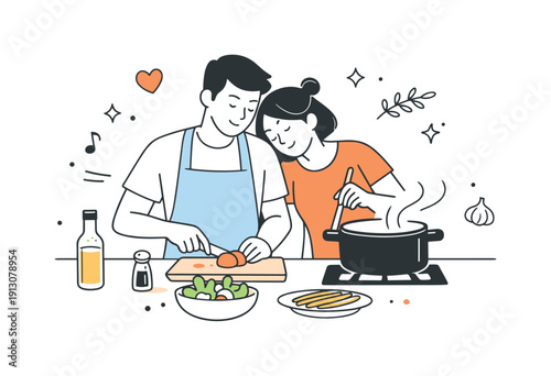Cooking as togetherness. A couple enjoying the process of cooking dinner, gentle movements and relaxed posture. Soft, intimate mood with