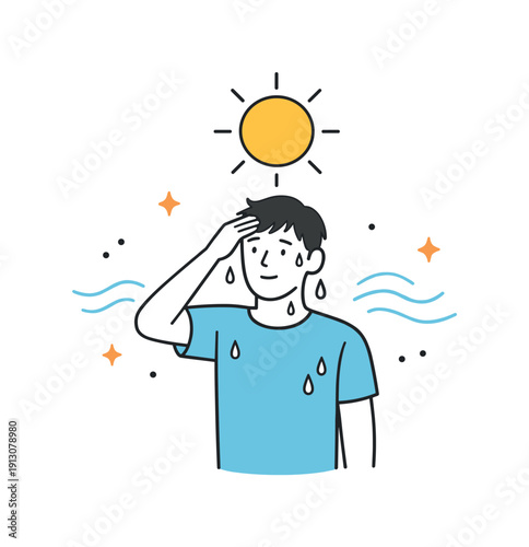 Sweating in warm weather. A person standing under a sun icon with gentle droplets and airflow lines around them. The mood feels realistic,
