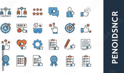 WebCustomer Feedback and Review Icon Set Featuring Star Ratings Thumbs Up Satisfaction Survey Results Target Goals Quality Awards and Testimonial Vector Illustration for Business Marketing