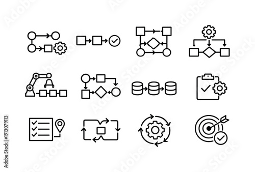 Workflow Automation Icons. Workflow automation. Line outline icon set of Workflow automation: automated flow,
