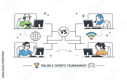 Online e-sports tournament. Remote players competing through screens, linked by brackets and connection icons. The illustration suggests