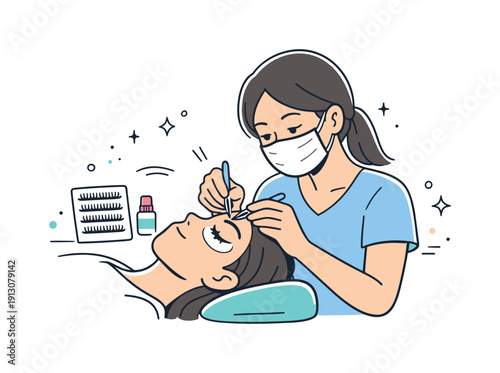 Eyelash extensions with applicator. A beauty professional carefully applying eyelash extensions using a precise applicator, focusing on