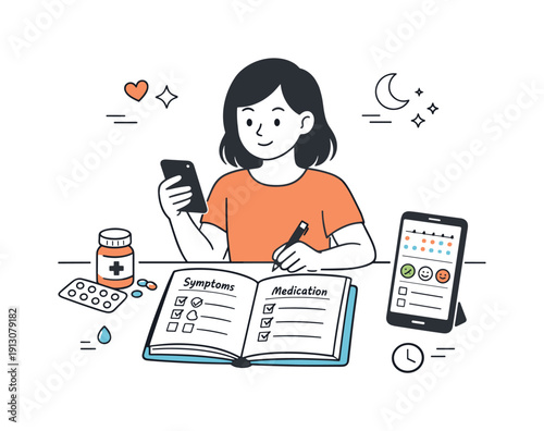 Living with chronic illness. A focused scene showing a person tracking symptoms and medication on a simple planner or app. Calm awareness and