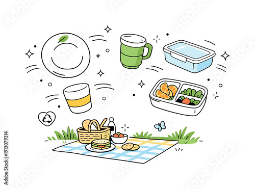    Reusable dishes for outdoor meals. Plates, cups and containers gently floating around a picnic setup, emphasizing lightness and reusability.