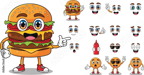 Cartoon hamburger character set, expressive food mascot, playful poses and gestures, fun design elements, flat vector illustration