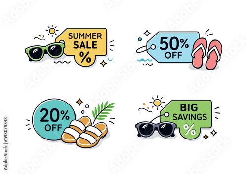    Summer sale tags. Tags with simple percentage symbols and short text placed near summer items like sunglasses or sandals. Clear message of