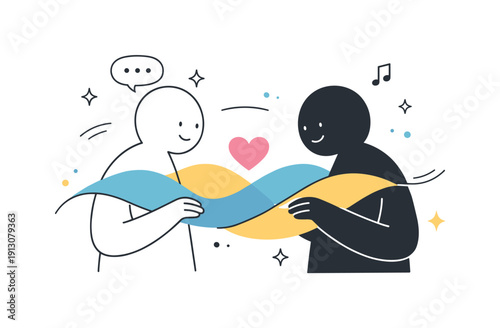 Emotional connection. Two abstract figures linked by flowing lines and shared shapes, suggesting empathy and understanding. Quiet, friendly