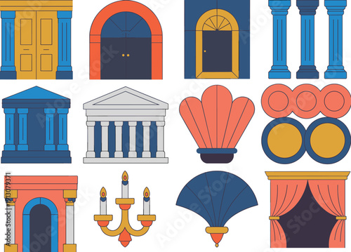 Classical architectural design element set featuring vintage doors arched windows blue pillars golden chandeliers and decorative theater curtains for elegant interior building project branding,