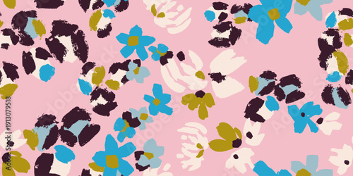 Abstract vector pattern combining bold floral motifs and leopard-inspired spots in teal, olive, cream, charcoal and white on a soft pink background