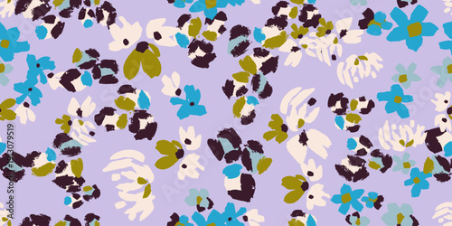 Abstract vector pattern blending playful floral shapes and leopard-inspired spots in teal, olive, cream, charcoal and soft pink on a muted lavender background