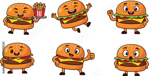 Hamburger characters illustration, cartoon food mascot, expressive burger set, anthropomorphic design, fun emotions, playful poses, creative art, flat vector illustration