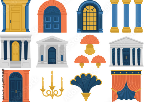 Classical architectural design element set featuring vintage doors arched windows tall columns golden chandeliers and decorative theater curtains for elegant interior building project branding