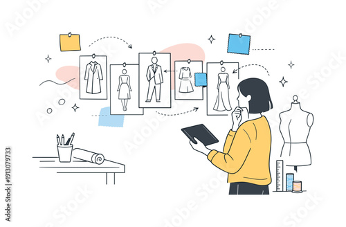 Fashion Design Workspace. Design studio workspace. Designer reviewing fashion sketches pinned on a wall while holding a tablet. Thoughtful editorial mood with