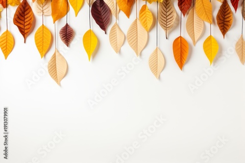 Colorful paper leaves creating a festive autumn decoration on a clean white background