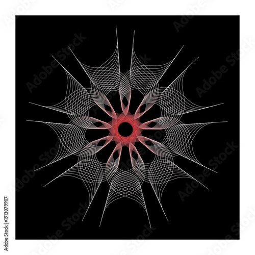 Intricate geometric mandala pattern abstract radial symmetry design with red center and white lines on black background digital art for backgrounds and decoration