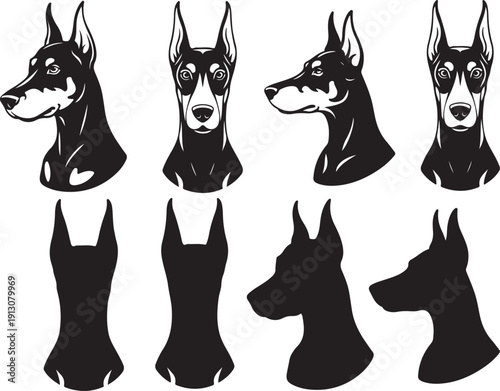 Doberman pinscher head profile and front view silhouette set showing purebred guard dog illustrations