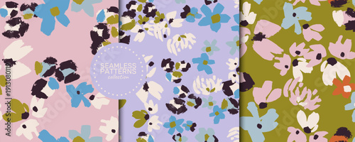 Seamless floral and leopard-inspired vector pattern collection in three cohesive colorways pink with teal olive and charcoal lavender with blue green and cream and olive with pink coral and black