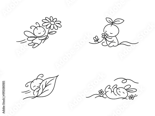   "Playful spring beings". Minimalistic one-line drawing cute creatures interacting with