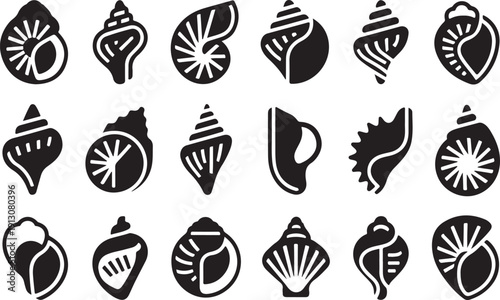 Collection of black seashell silhouettes isolated on checkered background, various shapes