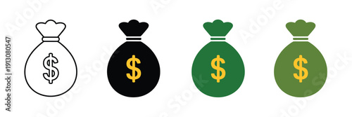 Money bag with dollar sign icon vector illustration, featuring line, fill, and color versions for web and graphic design projects.