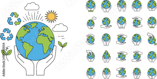 WebFlat Line Illustration Set Of Human Hands Holding Earth Globe With Recycle Symbols Sun And Clouds For Global Ecology And Environmental Protection Concept.