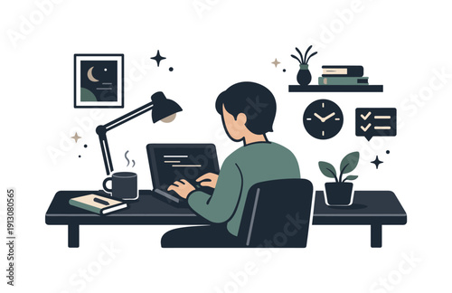 Creating a sophisticated atmosphere with dark tones. A calm interior-style scene showing a person working at a desk with dark surfaces and