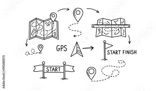 Hand drawn map route distance measuring icon set doodle navigation vector collection