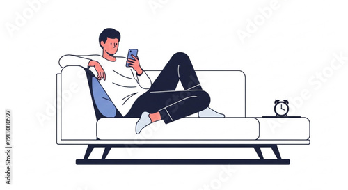 Relaxed Person in Pajamas Lounging on Couch with Smartphone and Alarm Clock – Lazy Morning Lifestyle Vector Illustration