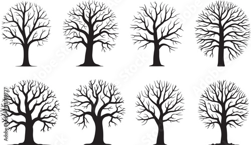 Set of eight vector silhouettes of bare trees, symbol of winter or fall season isolated on white