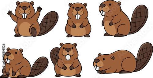 Cute cartoon beaver character collection, adorable woodland animal with big teeth and tail isolated on white background for kids illustration design