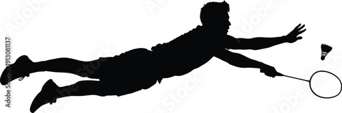 A silhouette of a person playing badminton in mid air with a racket and shuttlecock