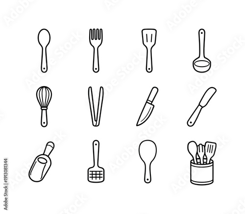 Wooden kitchen utensils. Line icon set of wooden kitchen utensils: wooden spoon, wooden fork, wooden spatula, wooden ladle, wooden whisk,