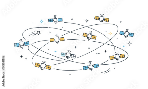 Abstract satellite constellation. Simplified satellites and orbit lines floating in open space without detailed Earth. Light, conceptual mood