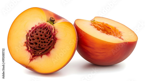 Fresh ripe peach cut in half displaying its vibrant orange flesh and detailed pit against white background