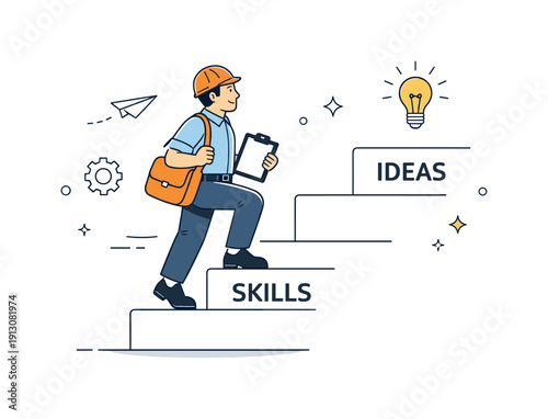 Continuous improvement mindset. Worker climbing simple steps labeled with skills and ideas. Friendly professional scene emphasizing learning,