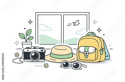    Spring travel accessories. Accessories placed near a window with soft daylight, including camera, hat, and small backpack. Calm inspirational