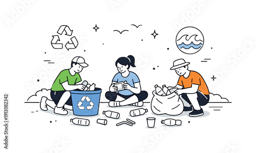 Protecting oceans from plastic. People sorting collected plastic waste on a shoreline, calm collaboration and responsibility. Simple icons of