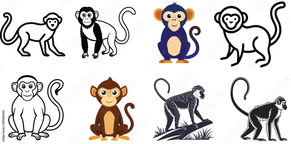 Fototapeta premium A set of colourful monkey illustrations in various poses and designs
