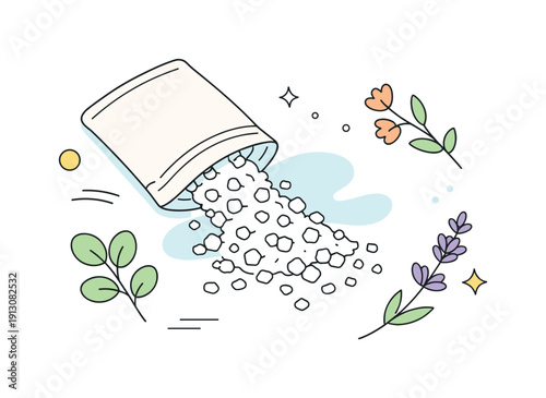 Minimal Bath Rituals. Minimal bath salts flat lay. Top view of bath salts spilled gently from a pouch onto a clean surface with botanical sprigs, expressing