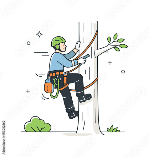 Climbing arborist. A tree trimmer secured with ropes, gently climbing a tree to reach branches, steady and professional. Motion lines show