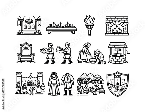   Castle Life. Line outline icon set of Castle Life: medieval hall, long banquet table, torch