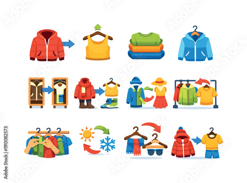   Clothing swap. Colorful flat vector icons set of Clothing swap: winter jacket removal,