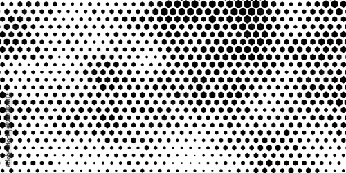 Hexagon halftone gradient texture. Abstract black and white spotted grunge background. Geometric retro tech wallpaper. Fading wavy hexagonal pattern backdrop. Vector vanishing honeycomb grunge overlay