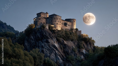 Historic stone fortress illuminates dramatically atop a rugged, tree-covered precipice beneath a bright full moon.